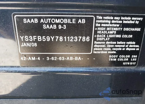 2008 Saab 9-3 2.0T из США, поврежденный, VIN YS3FB59Y781123786
